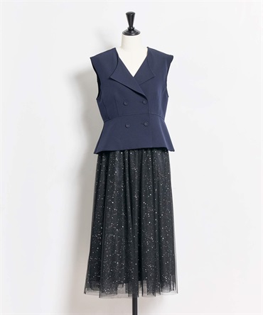 【Noela×LANTINAMコラボ】ペプラムジレ×パターンチュールスカート(70ネイビー-Ｓ)