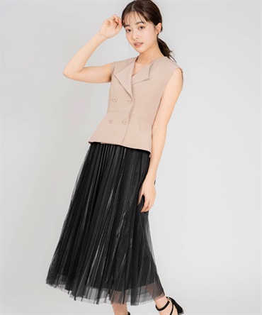 【Noela×LANTINAMコラボ】ペプラムジレ×パターンチュールスカート(82ベージュ-Ｍ)