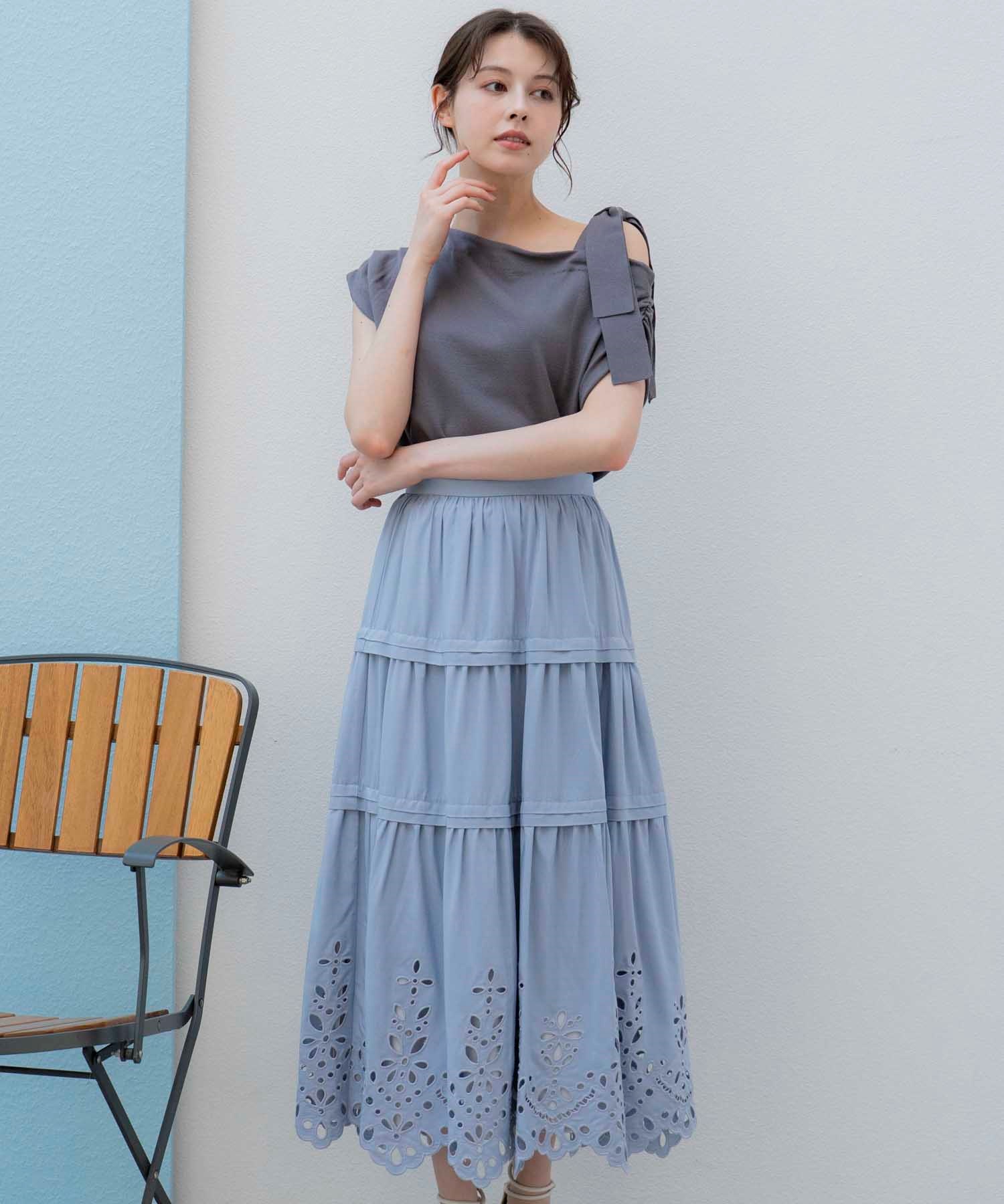 刺繍マキシスカート(72サックス-Ｓ)
