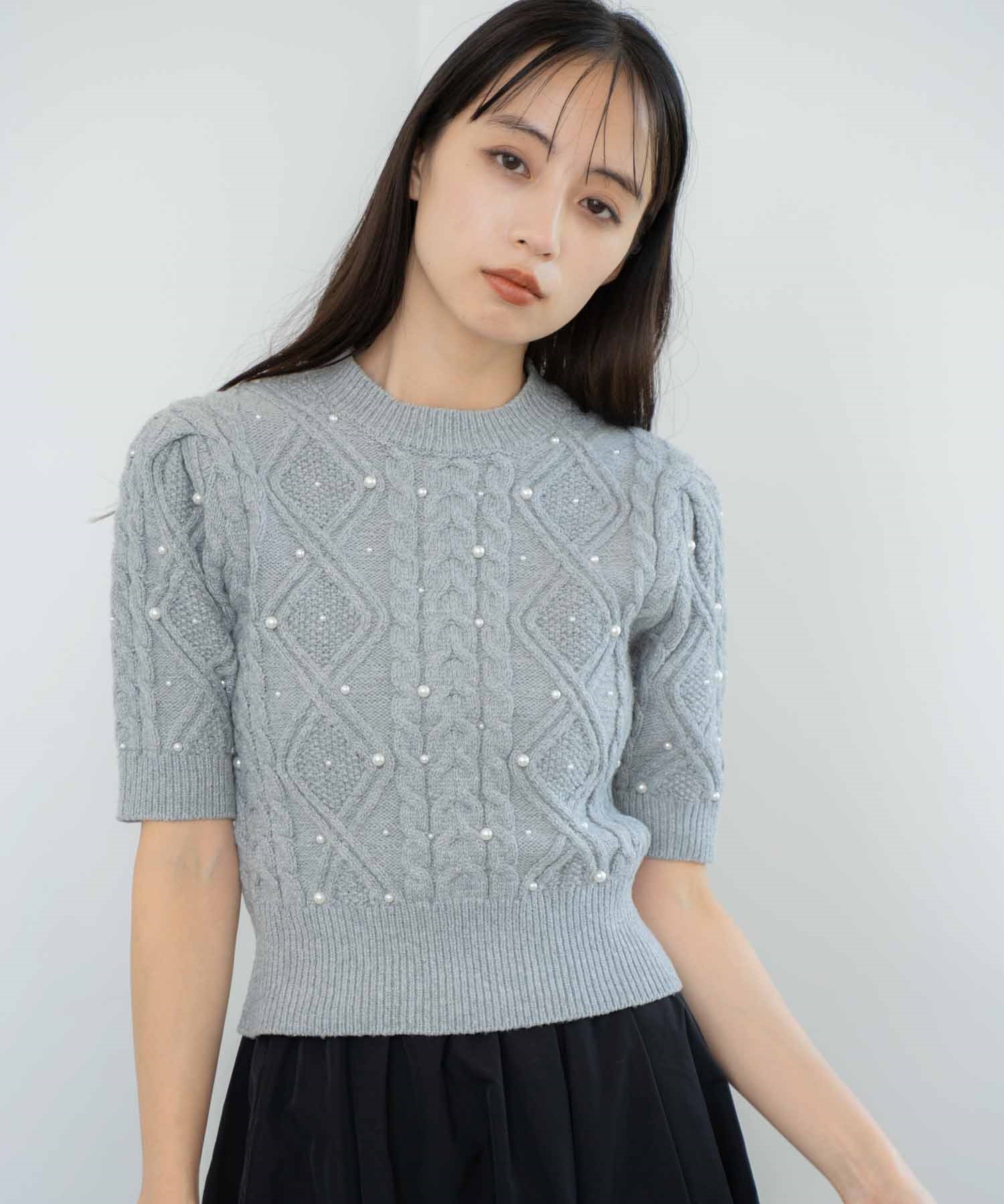 ケーブルパールニット(11グレー-フリー)