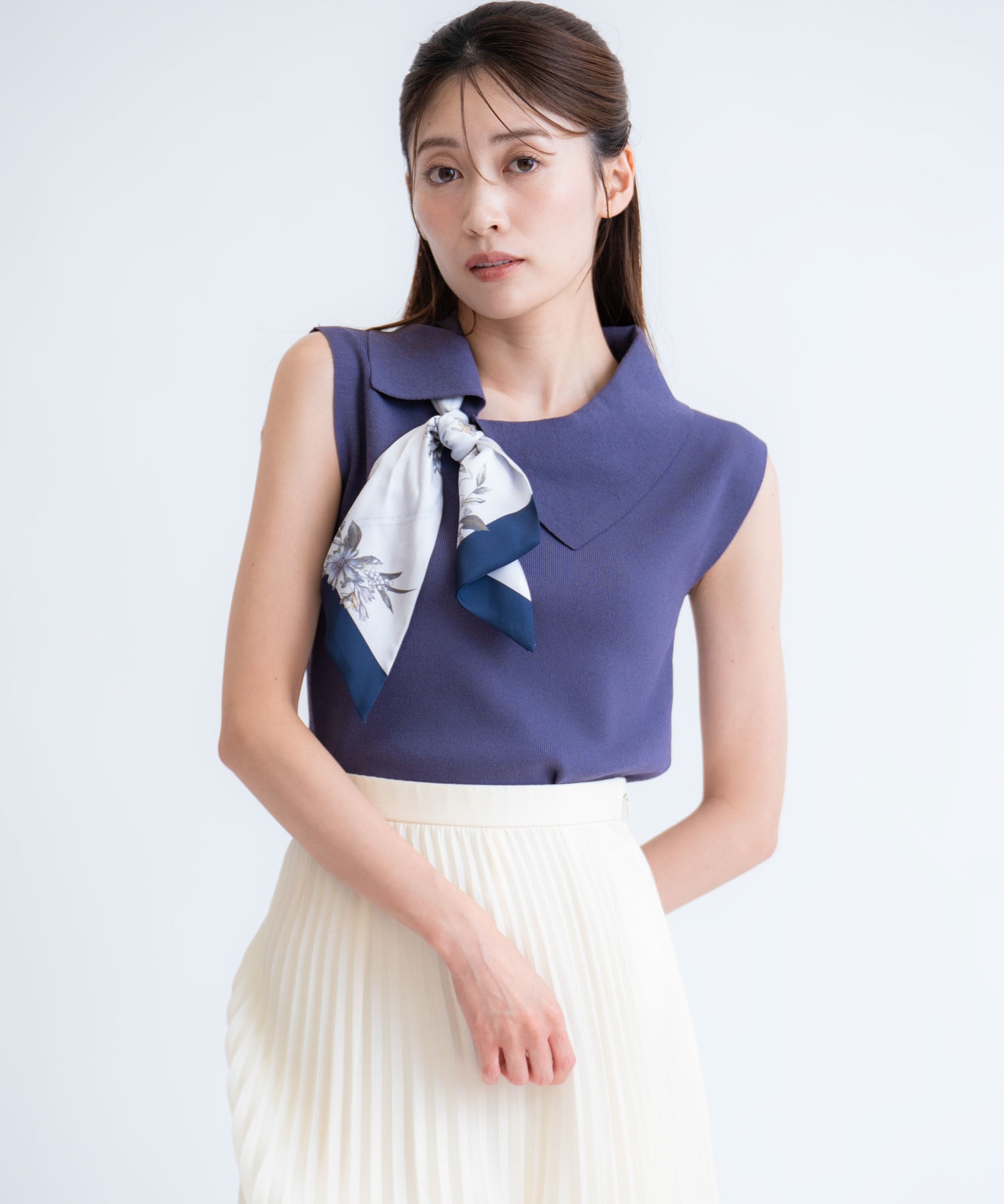 スカーフ付きアシメカラーニット(71ブルー-フリー)