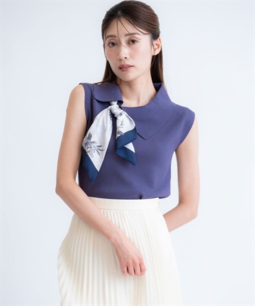 スカーフ付きアシメカラーニット(71ブルー-フリー)