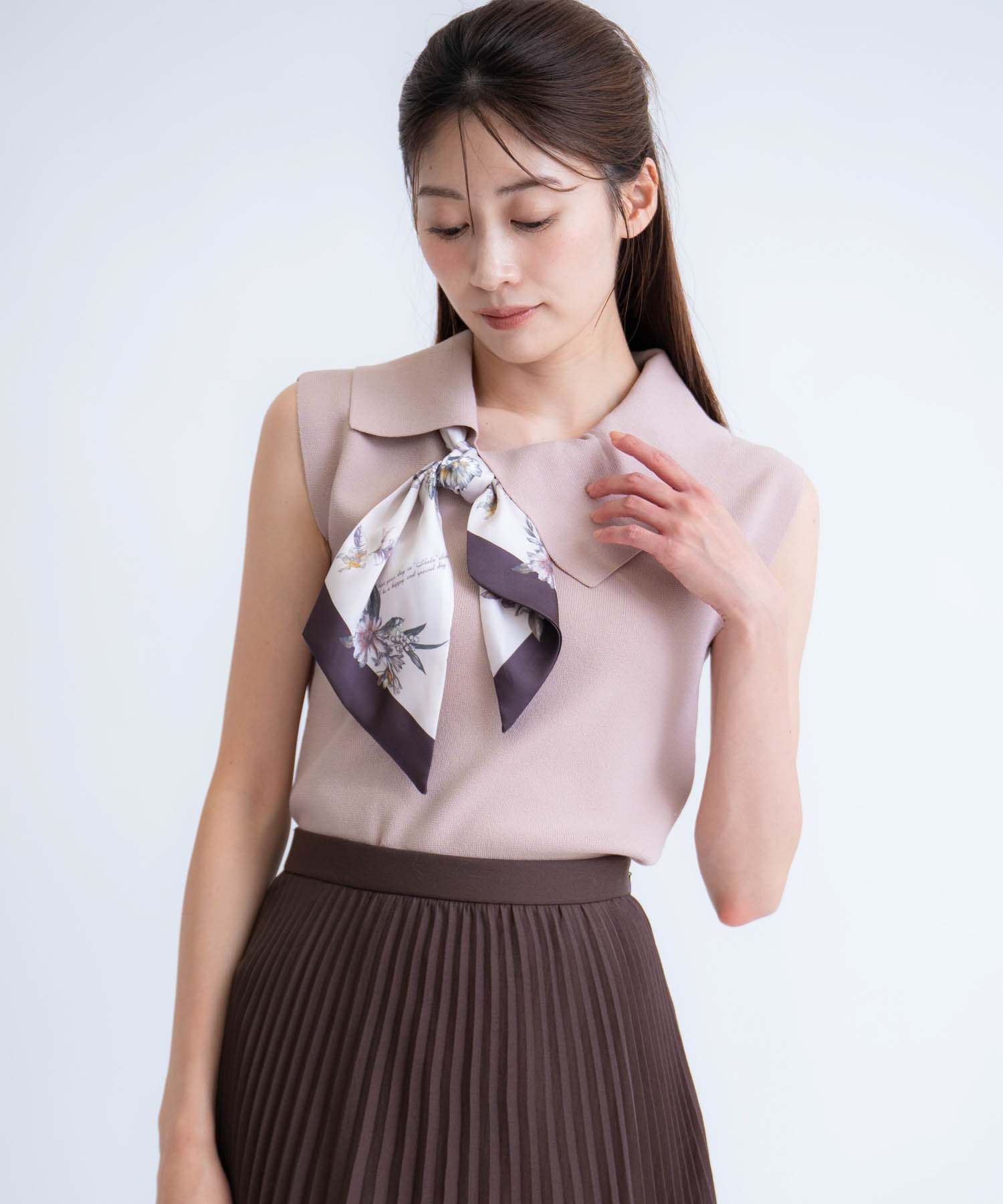 スカーフ付きアシメカラーニット(82ベージュ-フリー)