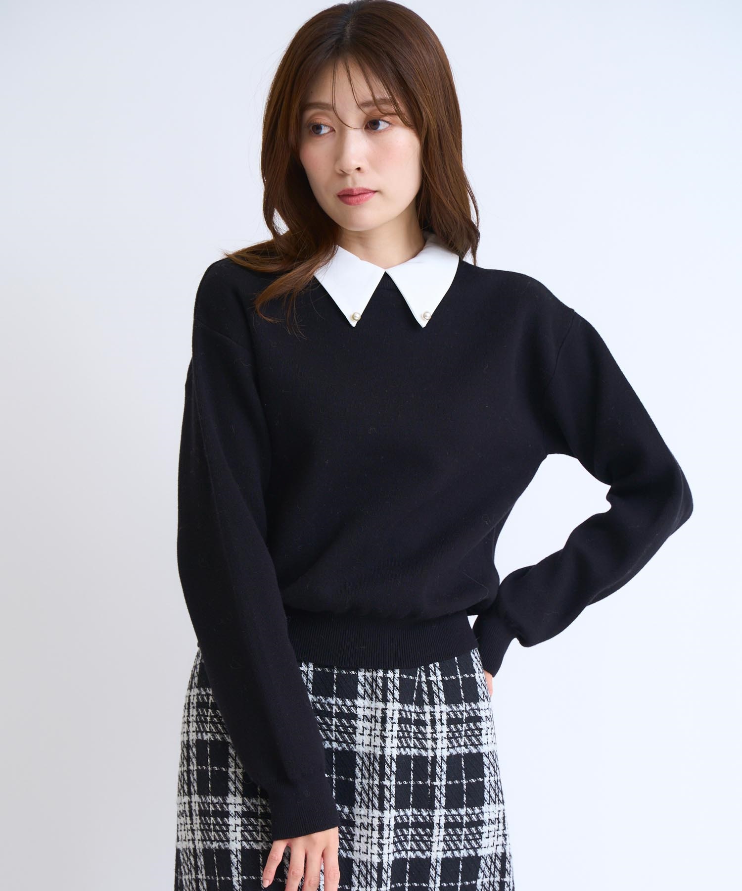 襟付きスウェットライクニット(00ブラック-フリー)