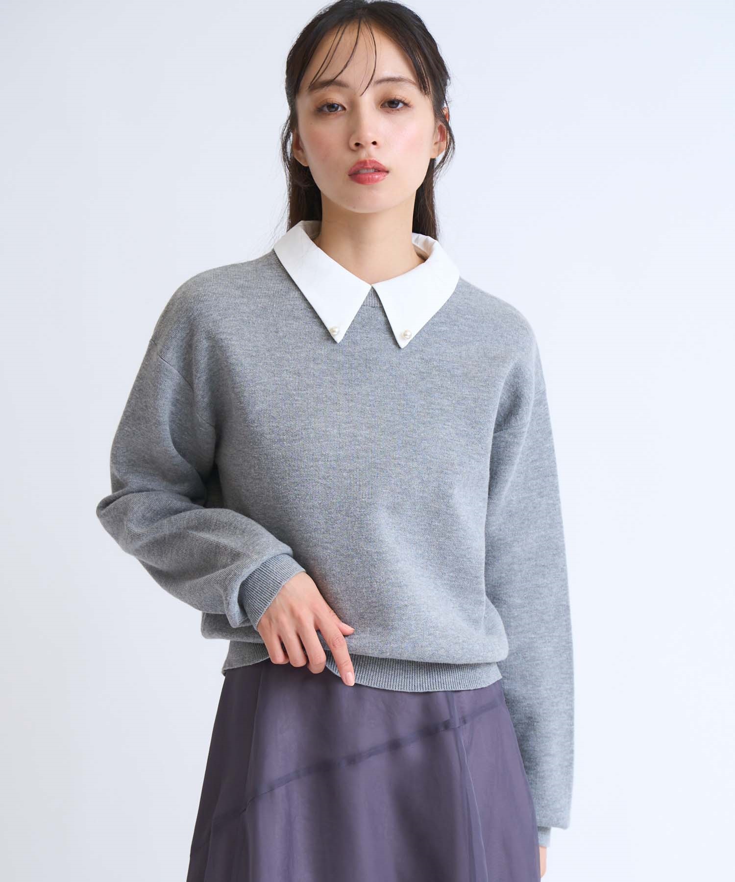 襟付きスウェットライクニット(11グレー-フリー)
