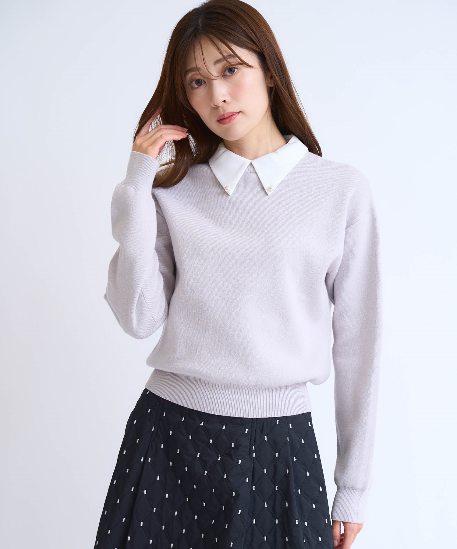 襟付きスウェットライクニット(12ライトグレー-フリー)