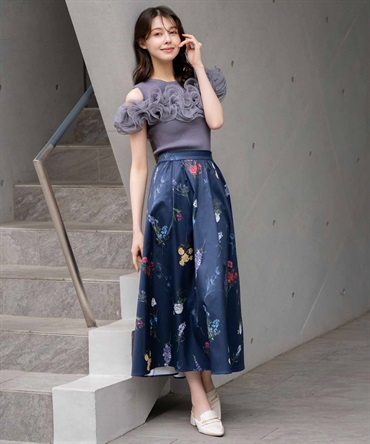 【予約】ボタニカルフレアスカート(70ネイビー-Ｍ-7月下旬ごろのお届け)