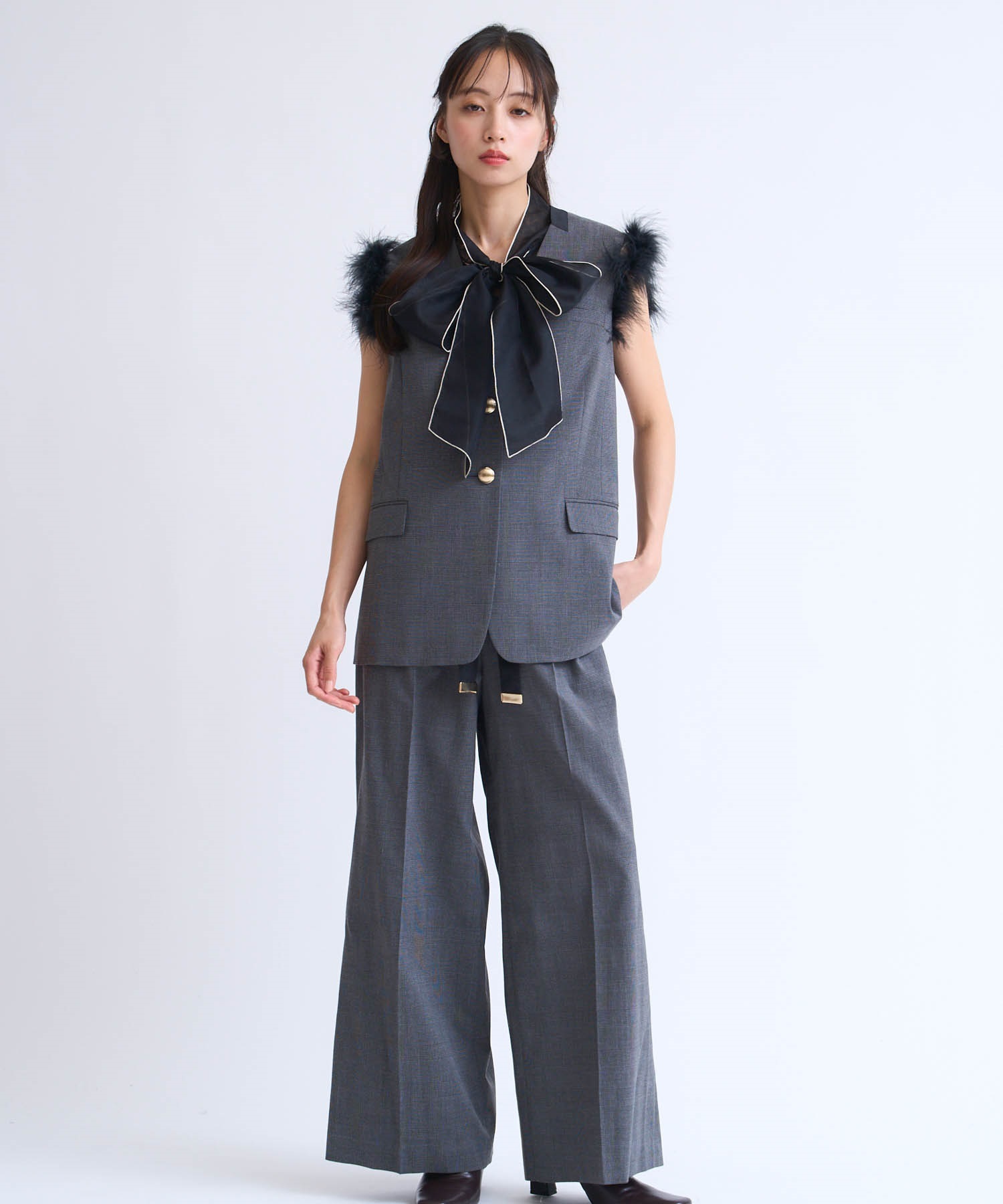 サテンリボンチェックワイドパンツ(11グレー-Ｓ)