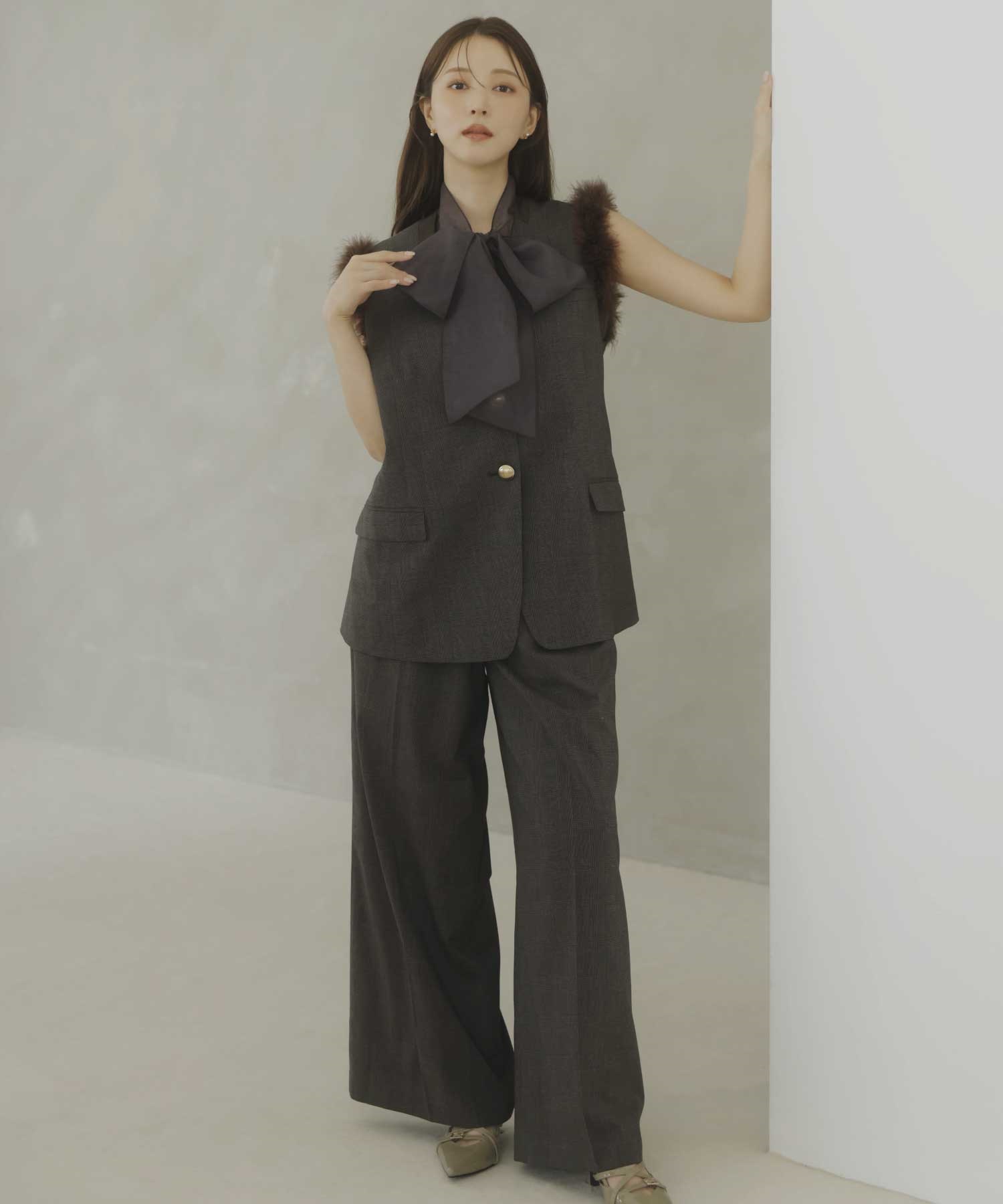 サテンリボンチェックワイドパンツ