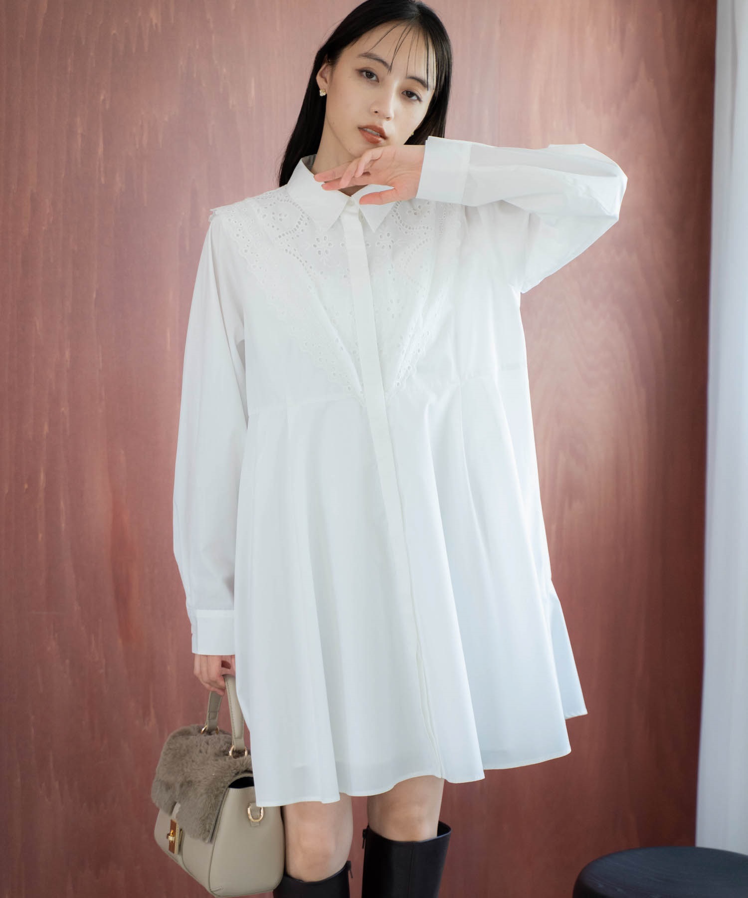 エンブロイダリーミニシャツワンピース(01オフホワイト-フリー)