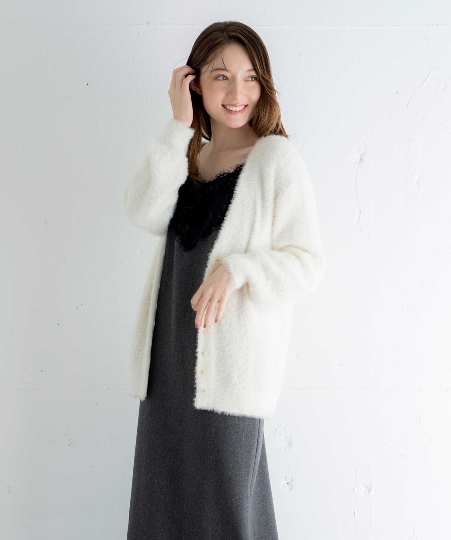 フェザーラメ柄編みカーディガン(01オフホワイト-フリー)