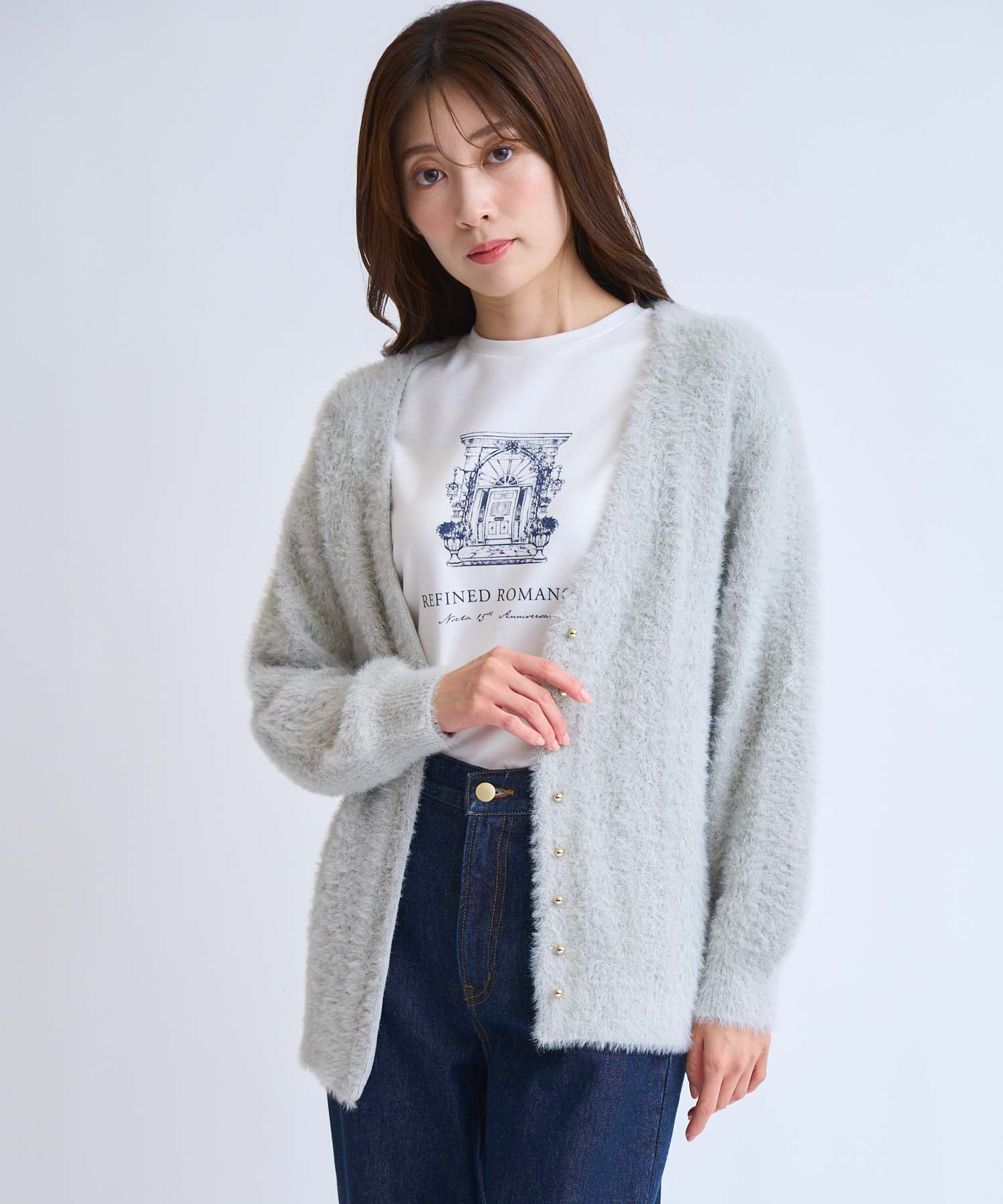 フェザーラメ柄編みカーディガン(11グレー-フリー)