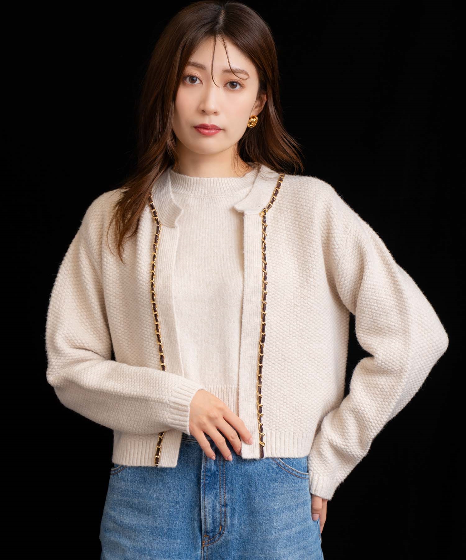 【販路限定カラーあり】チェーンブレードニットアンサンブル(82ベージュ-フリー)