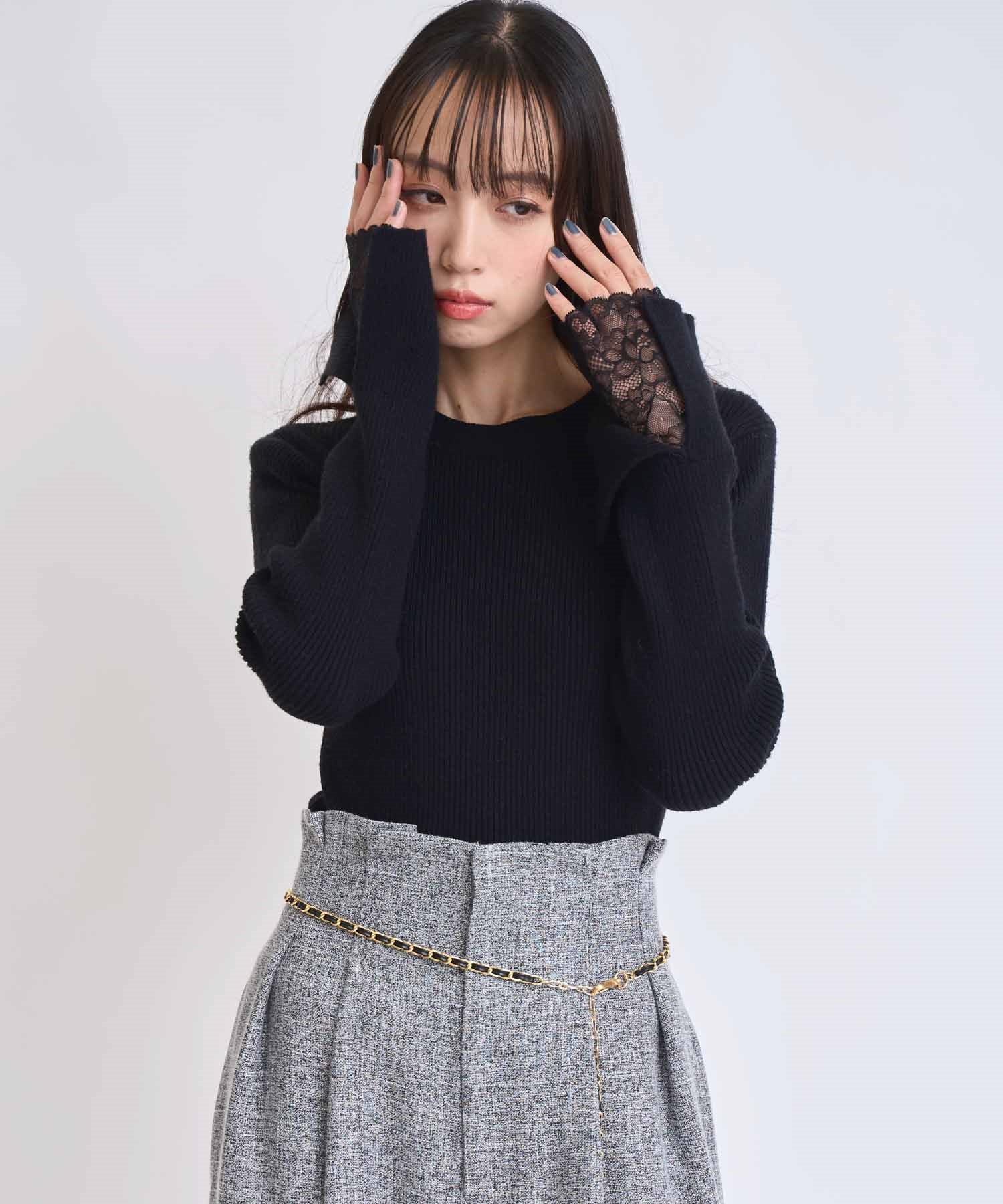 レーススリーブリブニット(00ブラック-フリー)