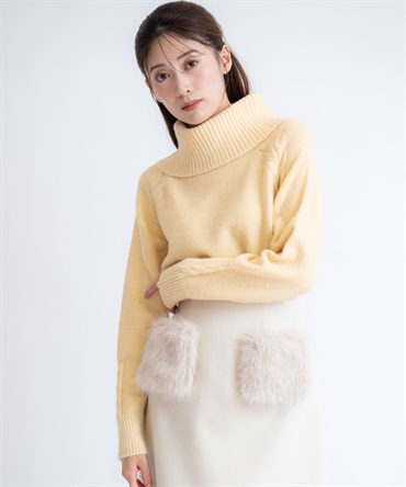 ケーブルデザインタートルニット(51イエロー-フリー)