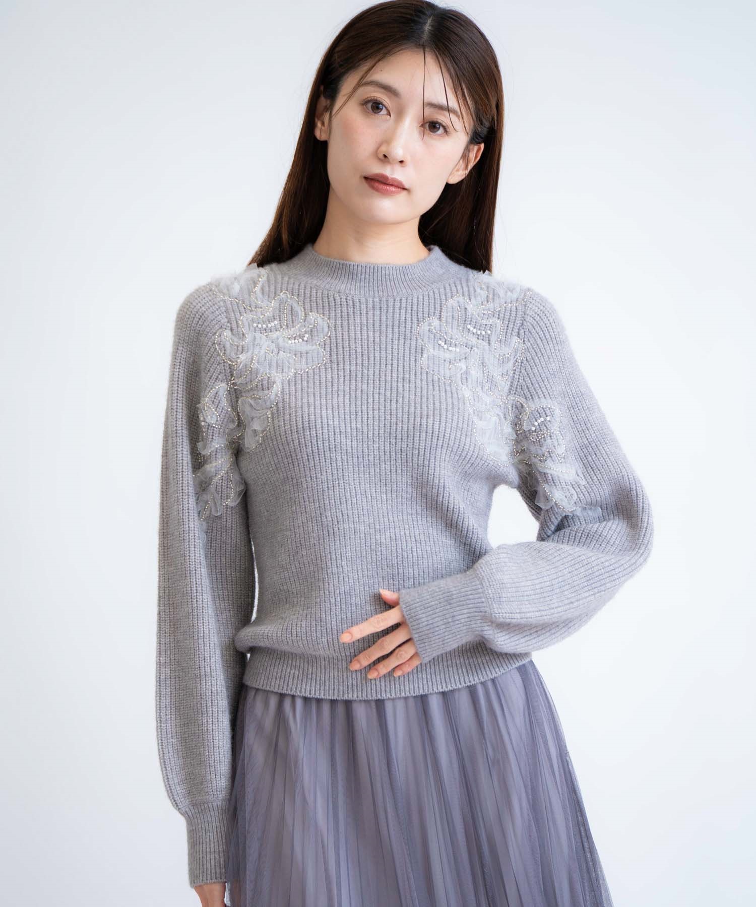 ビジュー刺繍ニット(11グレー-フリー)