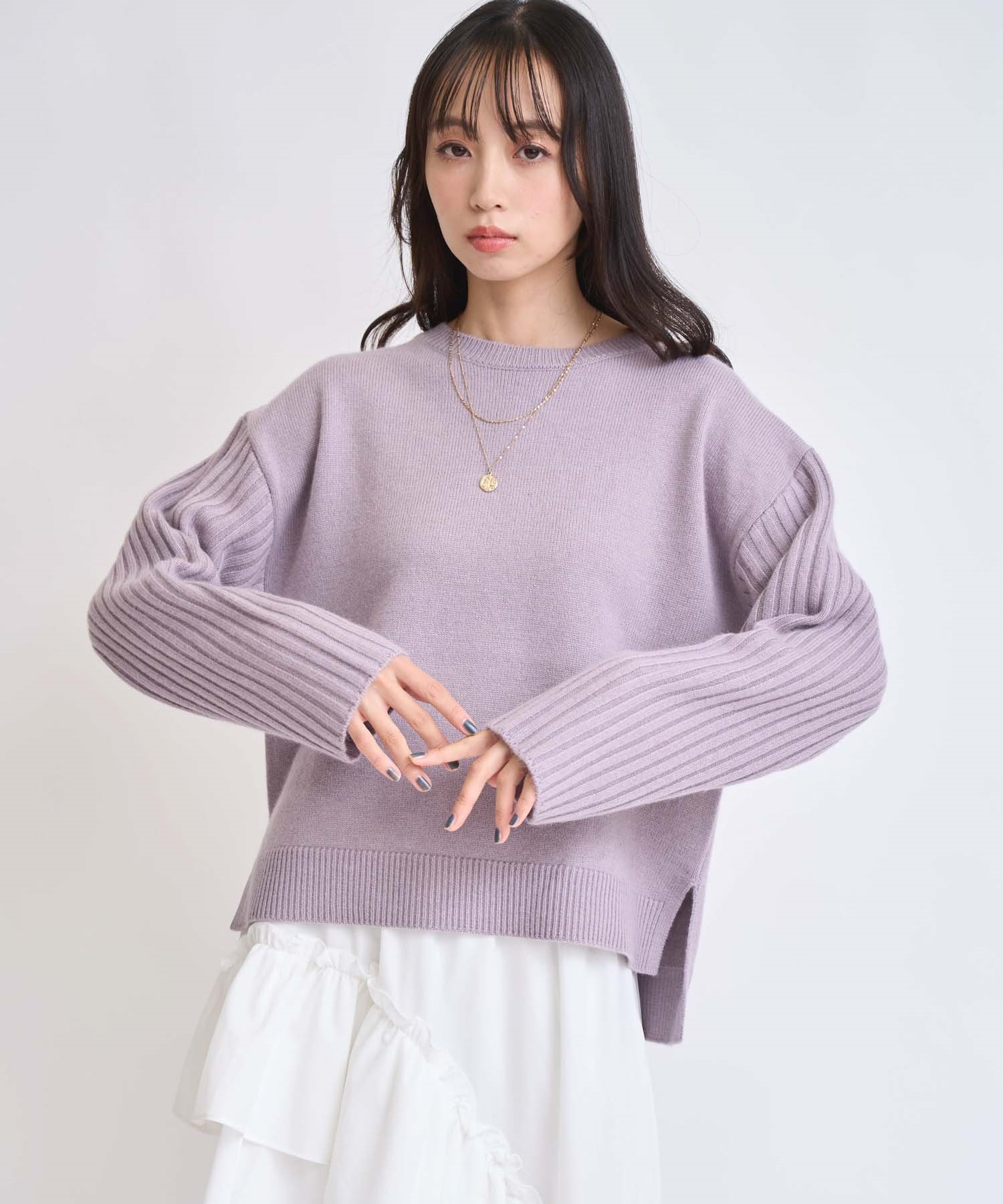 ウールラクーン混デザインスリーブニット