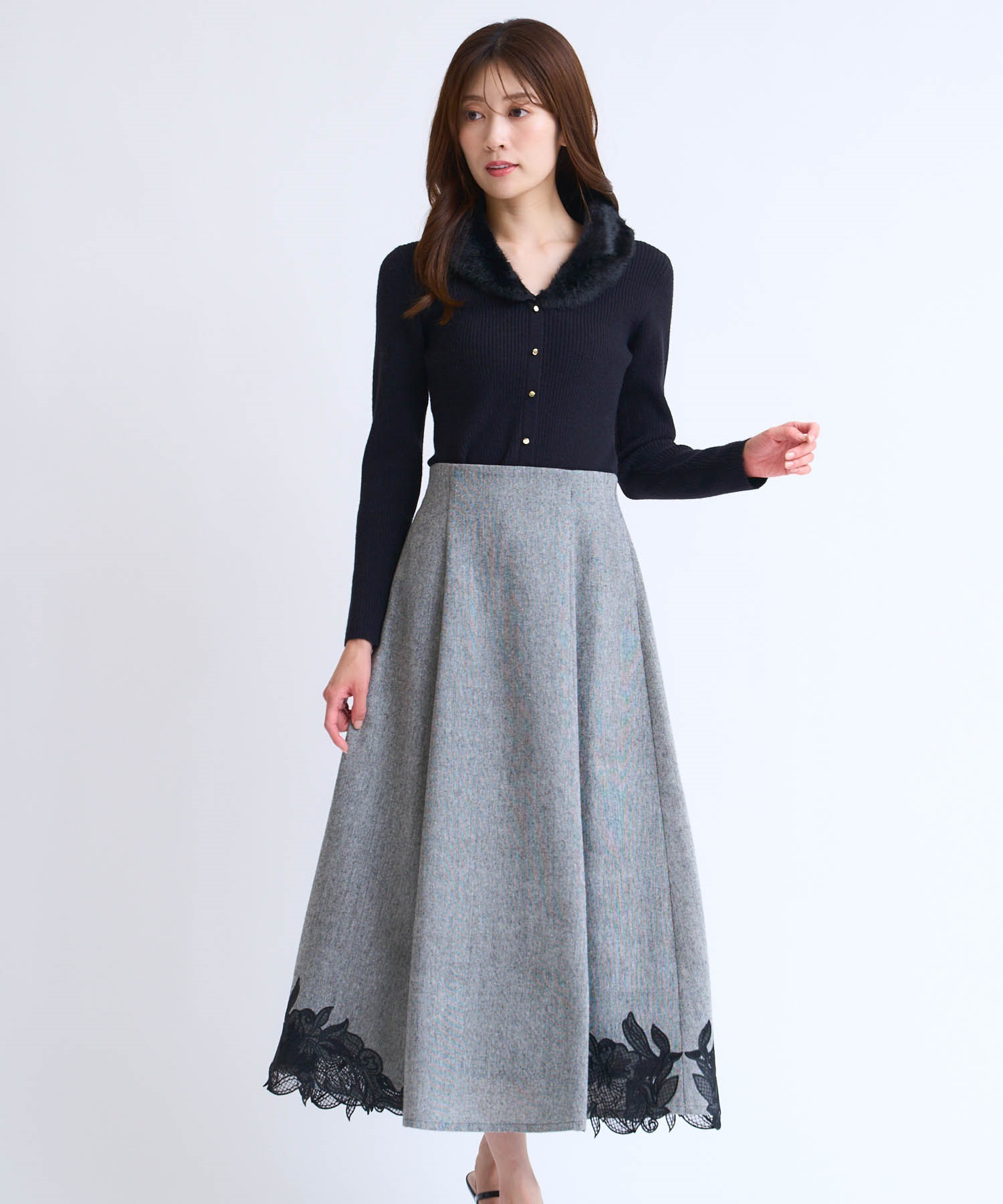 【予約】カットワーク刺繍ツイードスカート(00ブラック-Ｓ-10月下旬ごろのお届け)