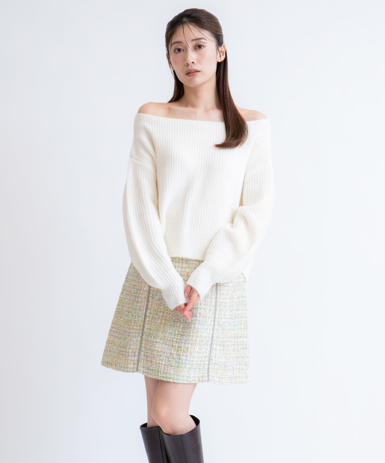 ベロアラインツイードミニスカート(62ライトグリーン-Ｓ)