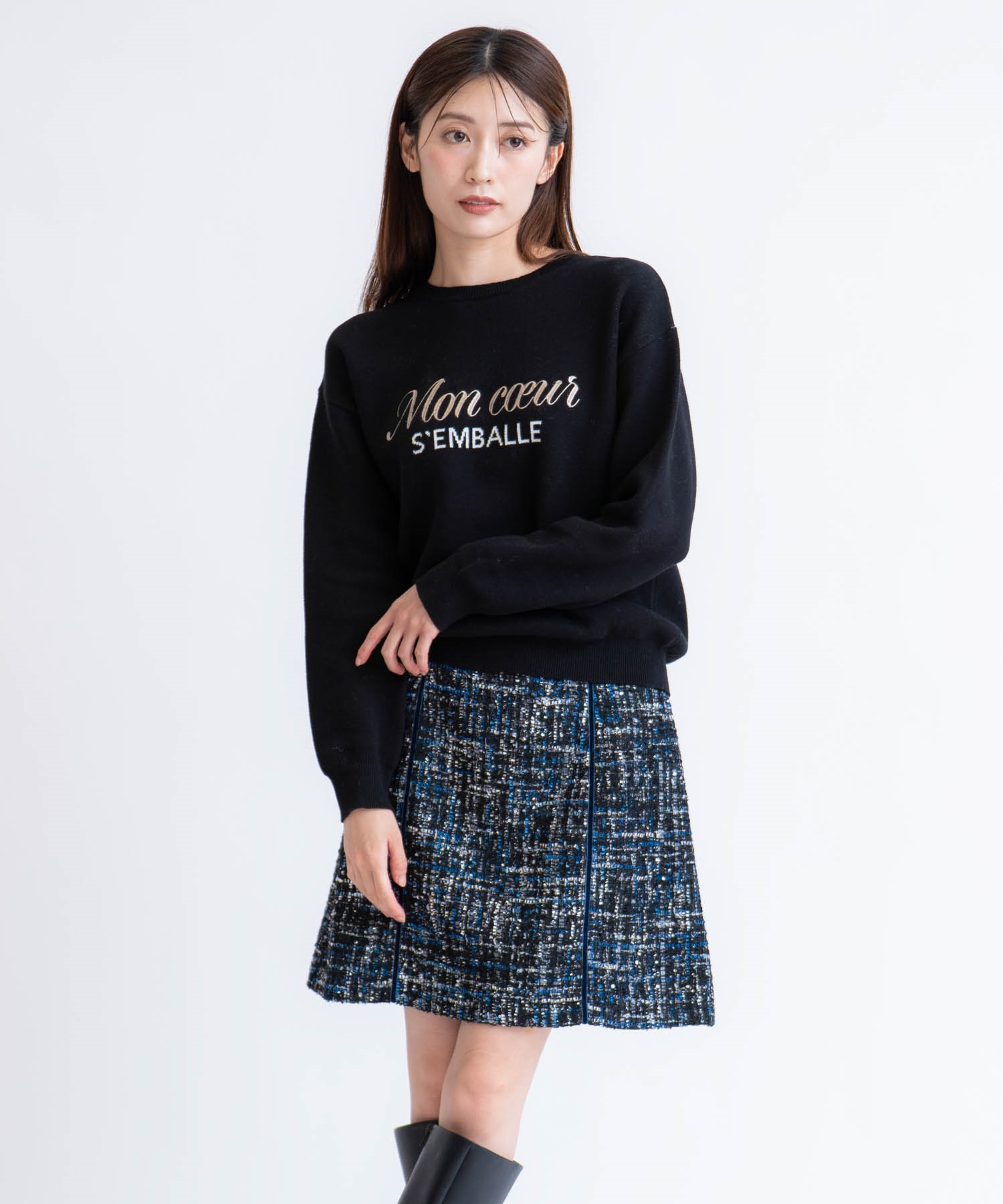 ベロアラインツイードミニスカート(70ネイビー-Ｓ)