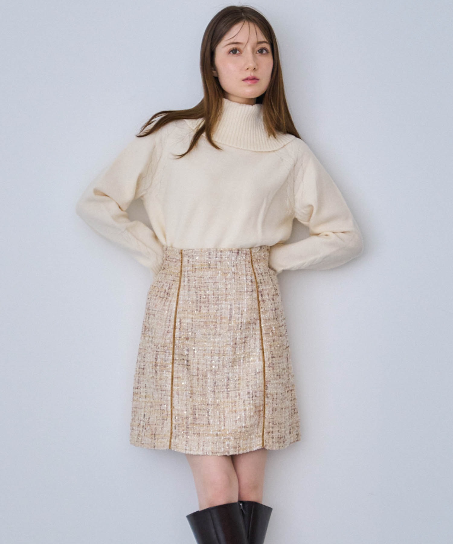 ベロアラインツイードミニスカート(82ベージュ-Ｓ)