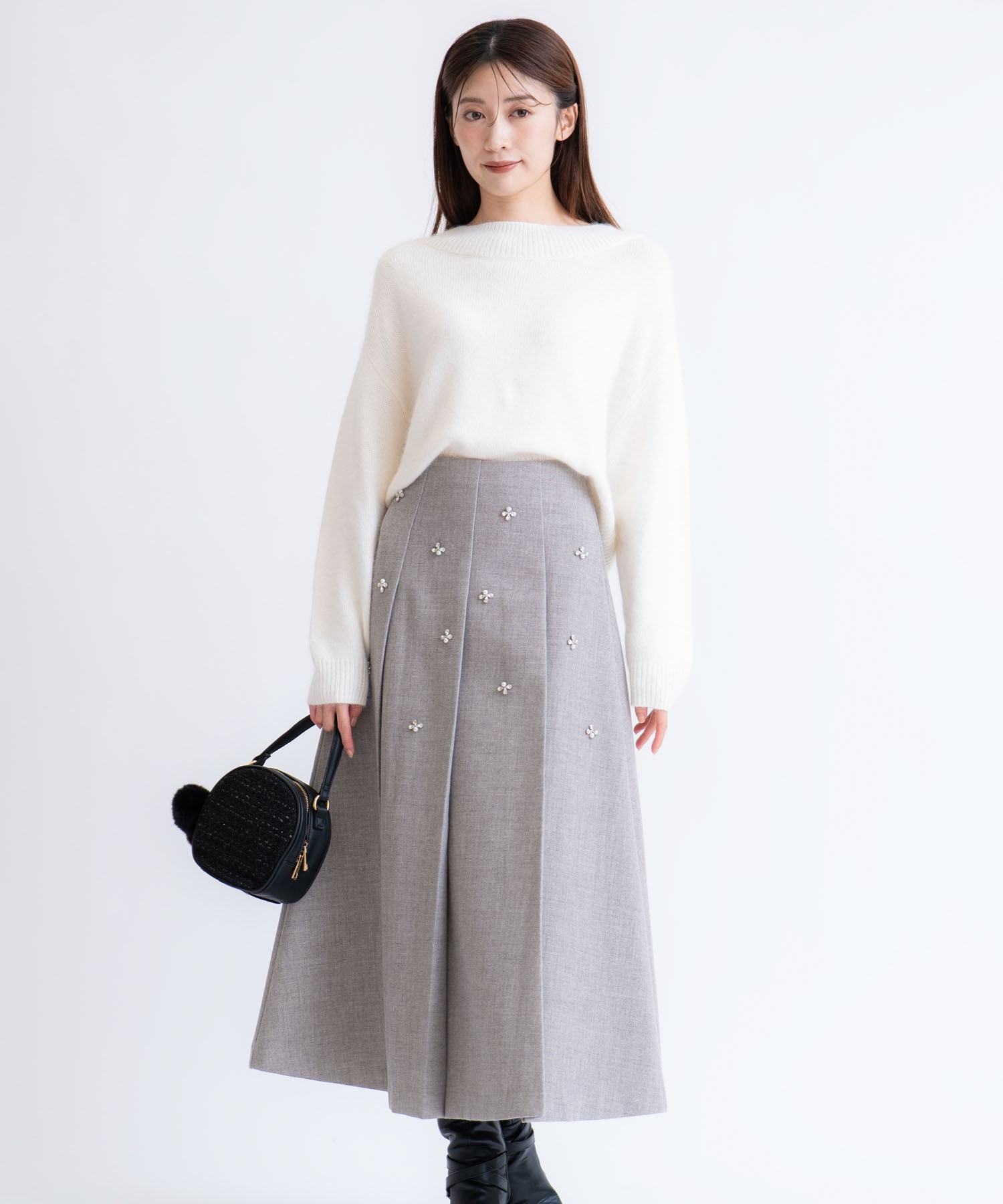 【SSサイズあり】ワイドタックビジュースカート(11グレー-ＳＳ-【販路限定サイズ】)