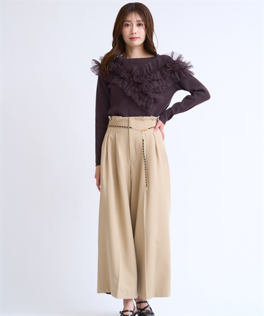 【予約】【SSサイズあり】チェーンベルト付きワイドパンツ(82ベージュ-ＳＳ-10月下旬ごろのお届け)