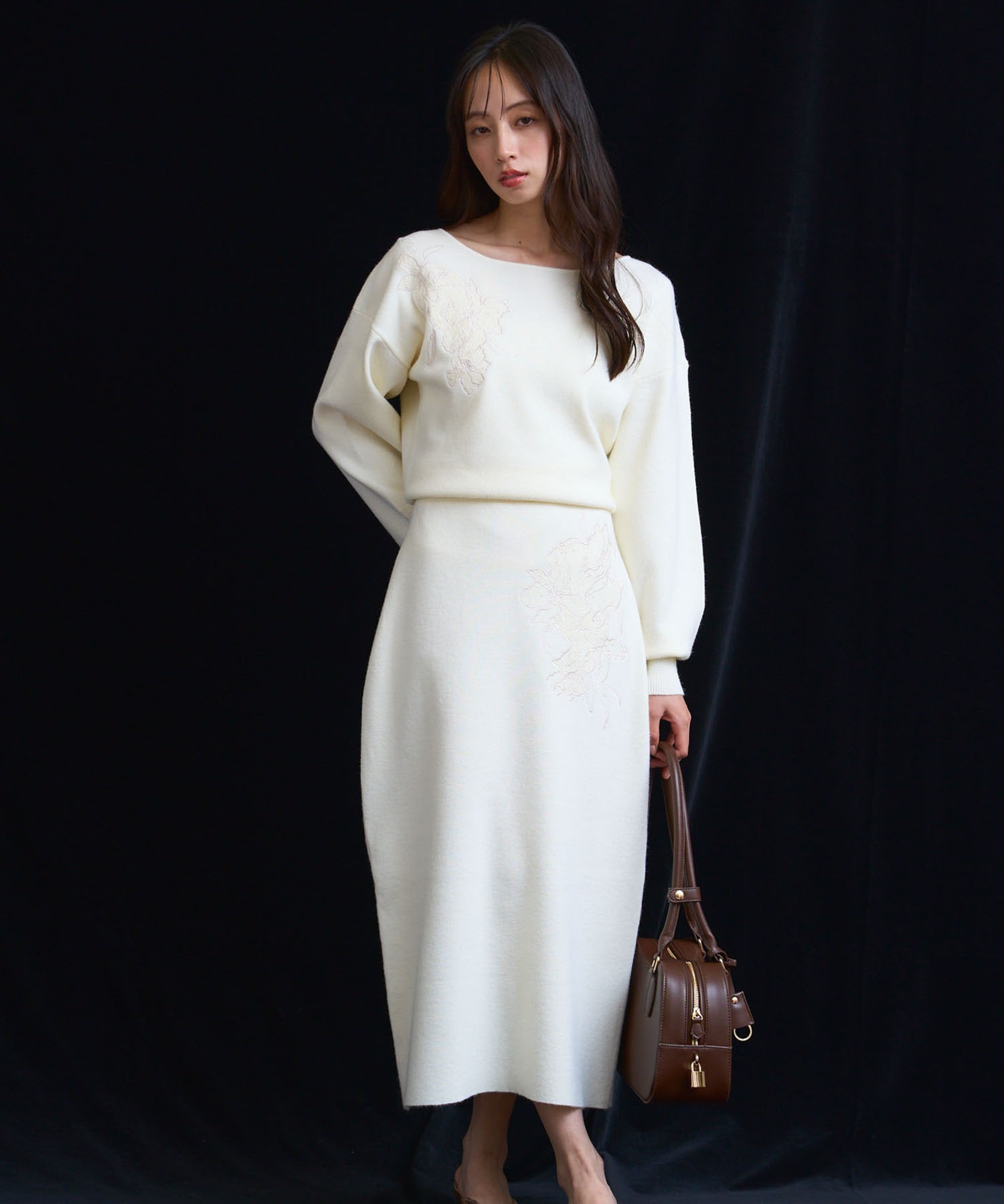 レース刺繍ニットワンピース(01オフホワイト-フリー)