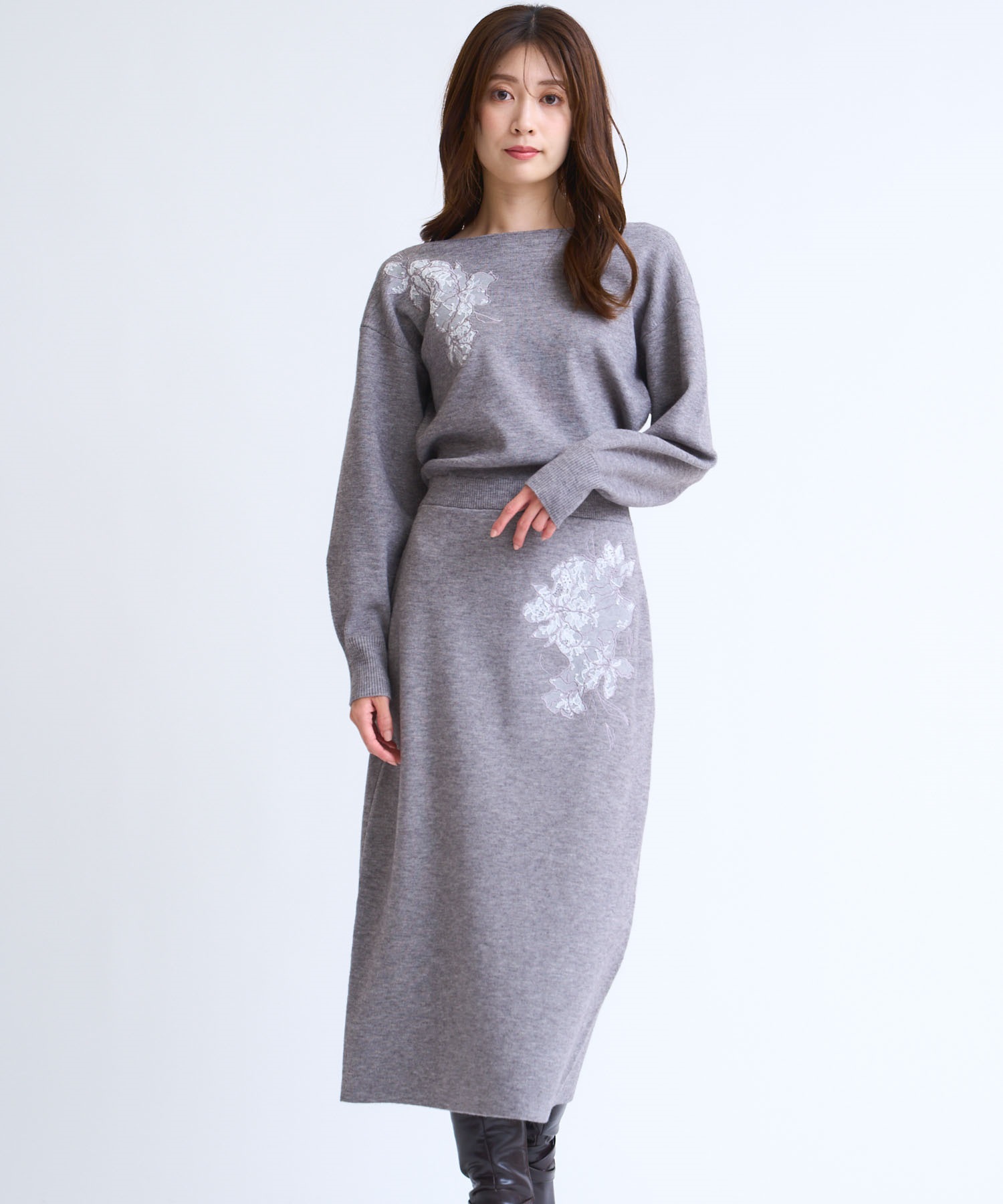 レース刺繍ニットワンピース(11グレー-フリー)