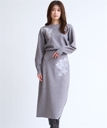 【予約】レース刺繍ニットワンピース(11グレー-フリー-10月下旬ごろのお届け)