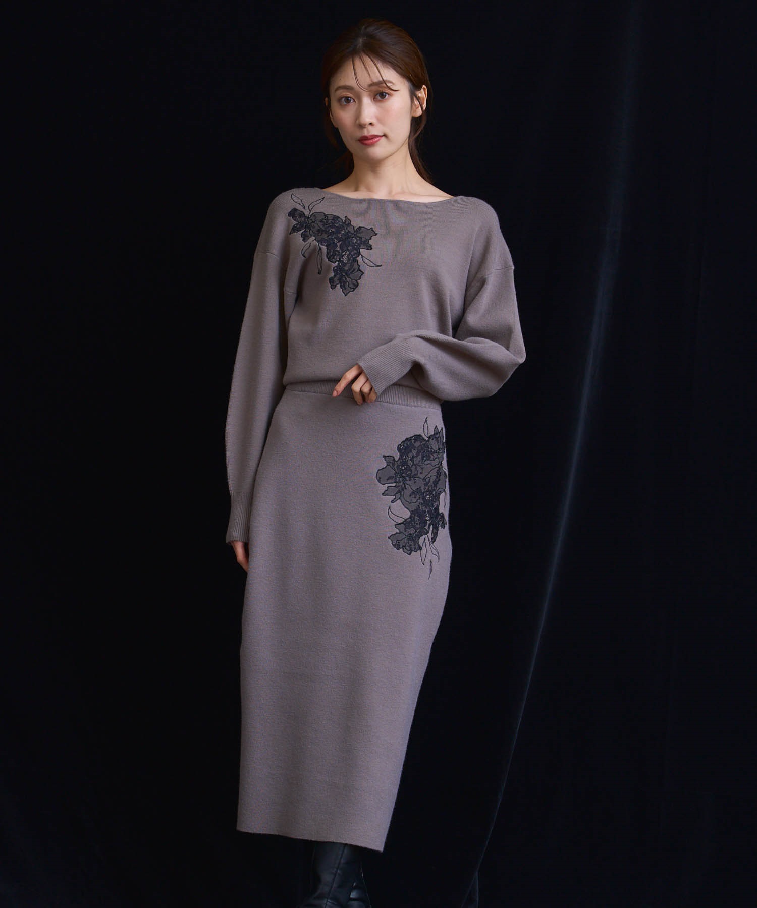 レース刺繍ニットワンピース(85モカ-フリー)