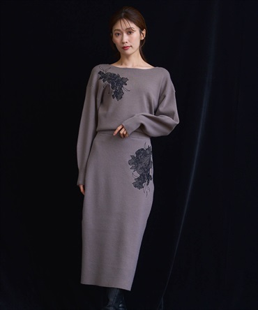 【予約】レース刺繍ニットワンピース(85モカ-フリー-10月下旬ごろのお届け)