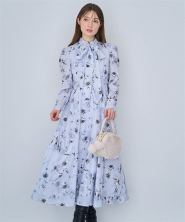 【15周年】ラインフラワーボウタイワンピース(72サックス-Ｍ)