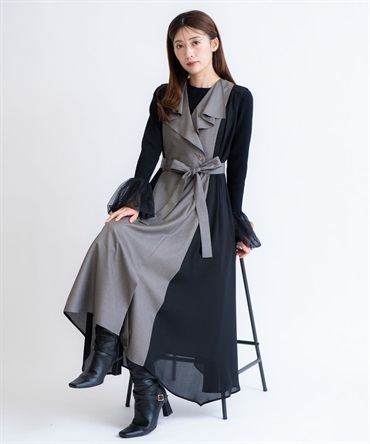 シフォン切り替えジャンスカ(11グレー-Ｍ)