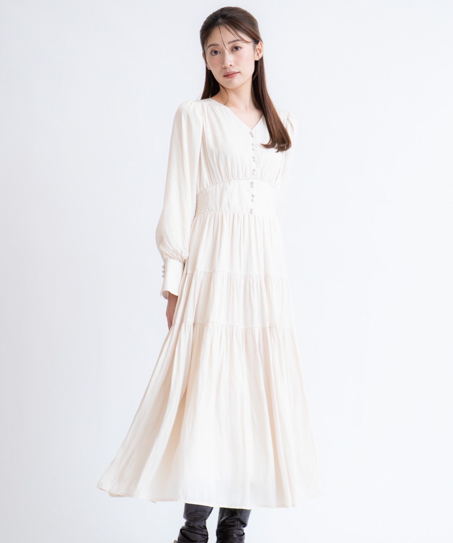 ティアードサテンワンピース(01オフホワイト-Ｓ)