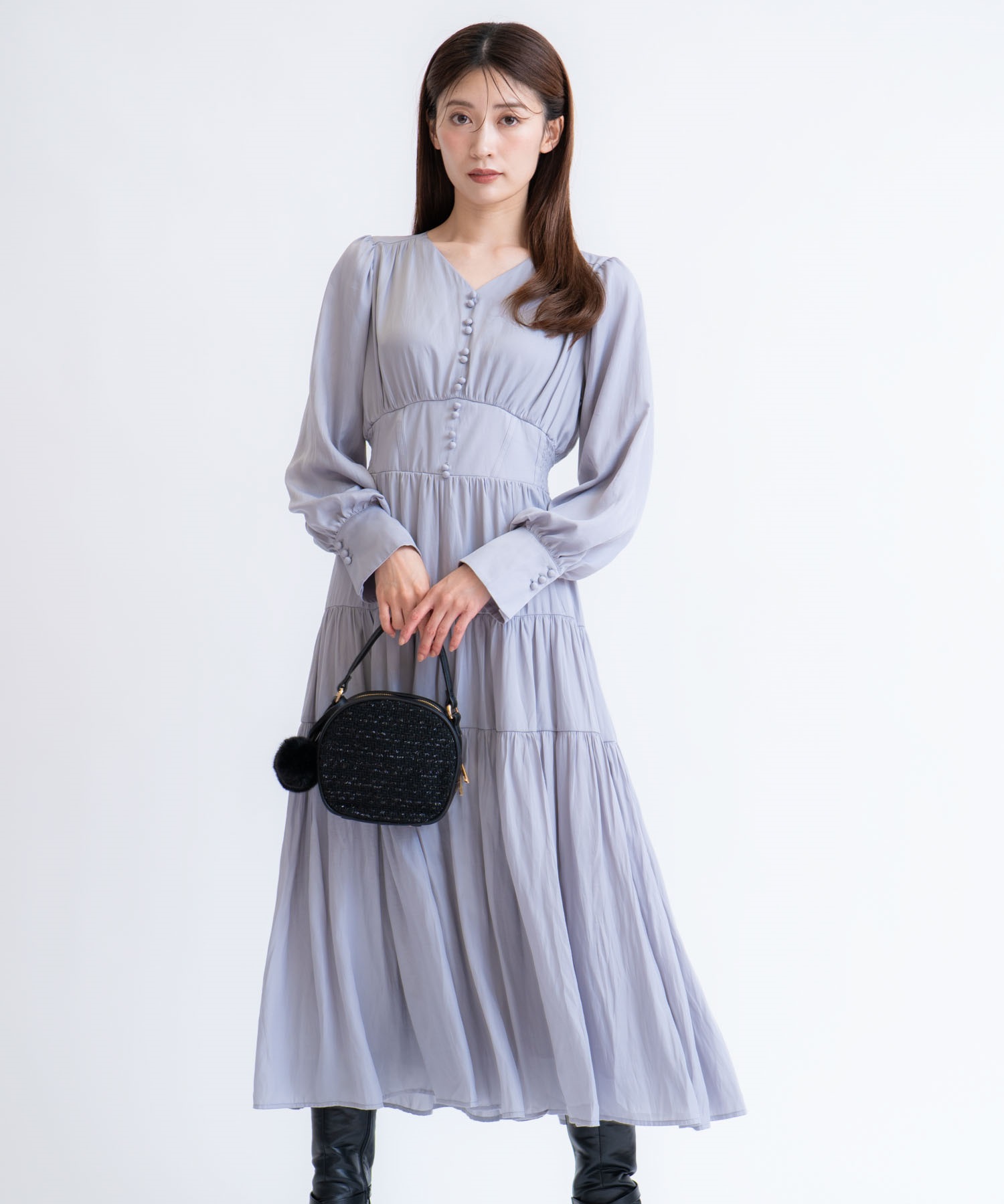 ティアードサテンワンピース(72サックス-Ｓ)