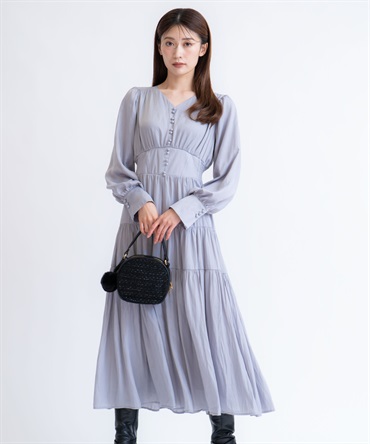 ティアードサテンワンピース(72サックス-Ｓ)