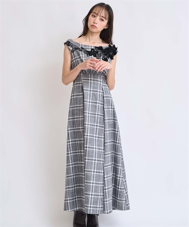 ベロアレースチェックワンピース(95ミックス２-Ｓ)