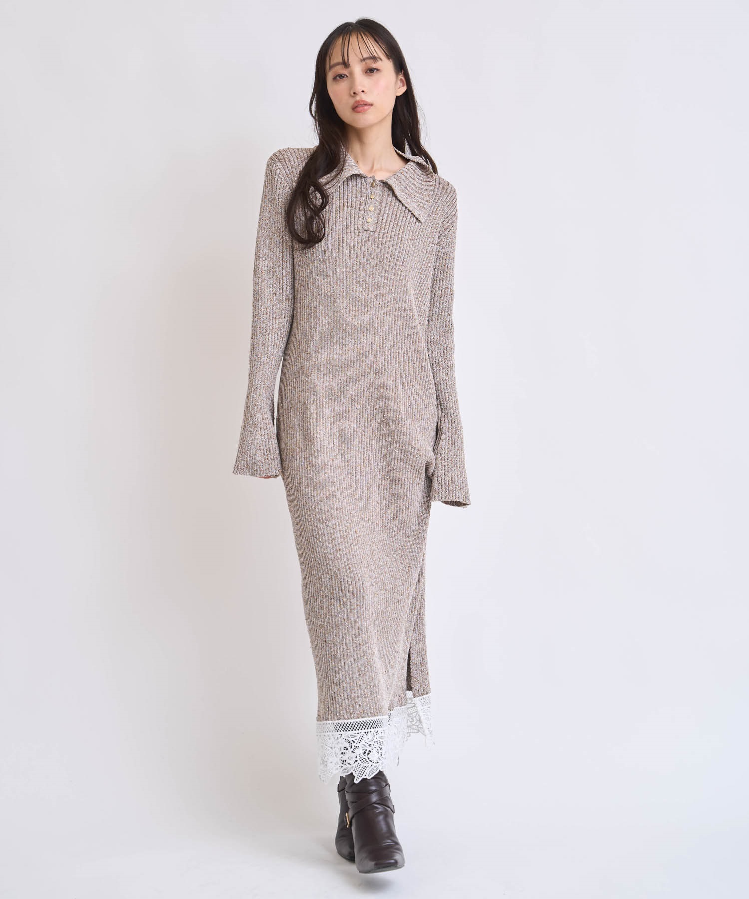 レーストリムポロニットワンピース(85モカ-フリー)