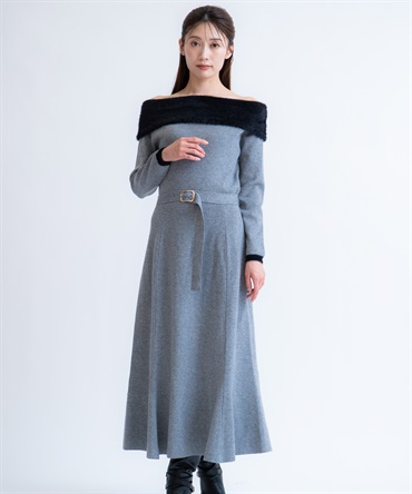 フェザートリム配色ドッキングワンピース(11グレー-フリー)