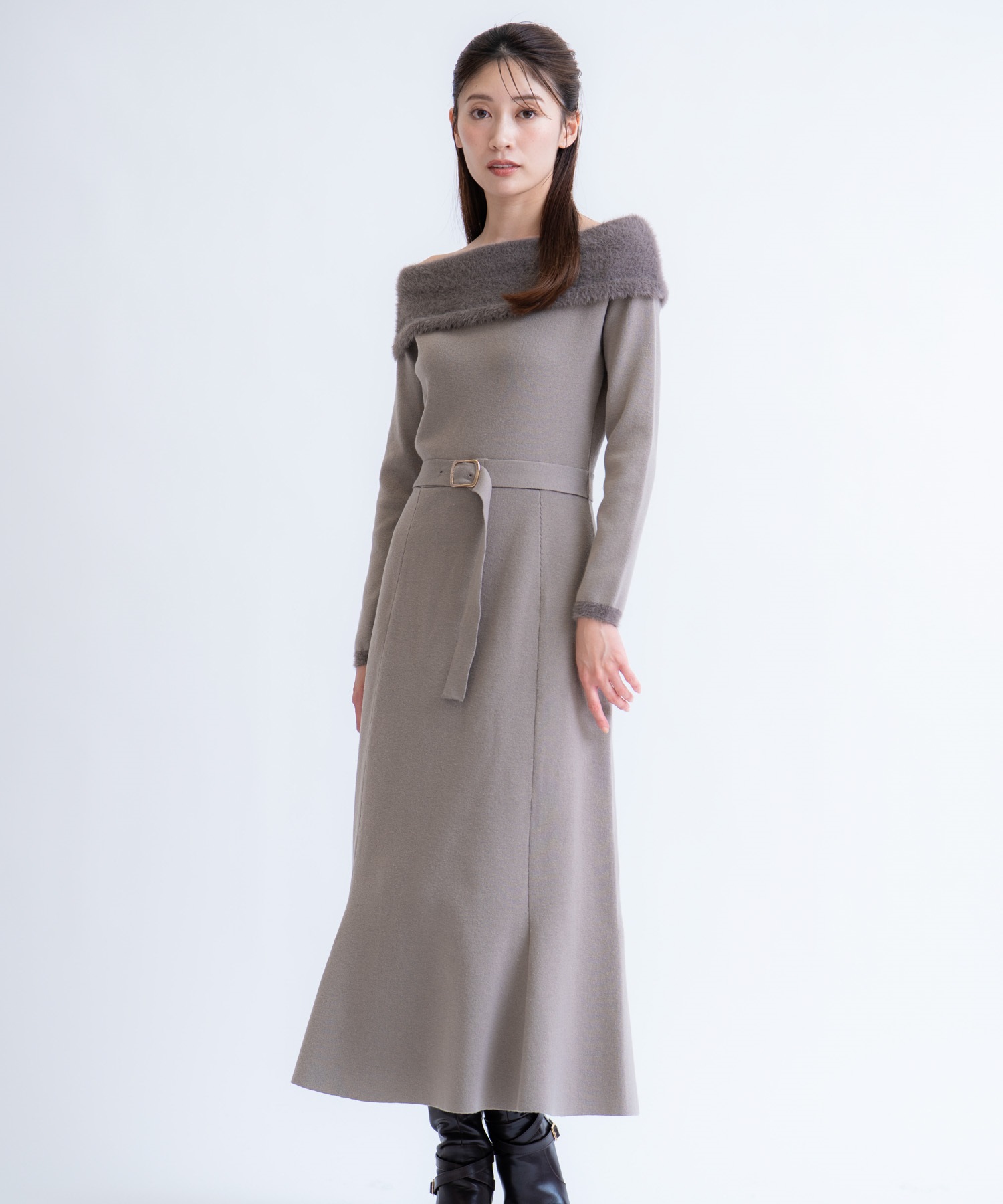 フェザートリム配色ドッキングワンピース(85モカ-フリー)