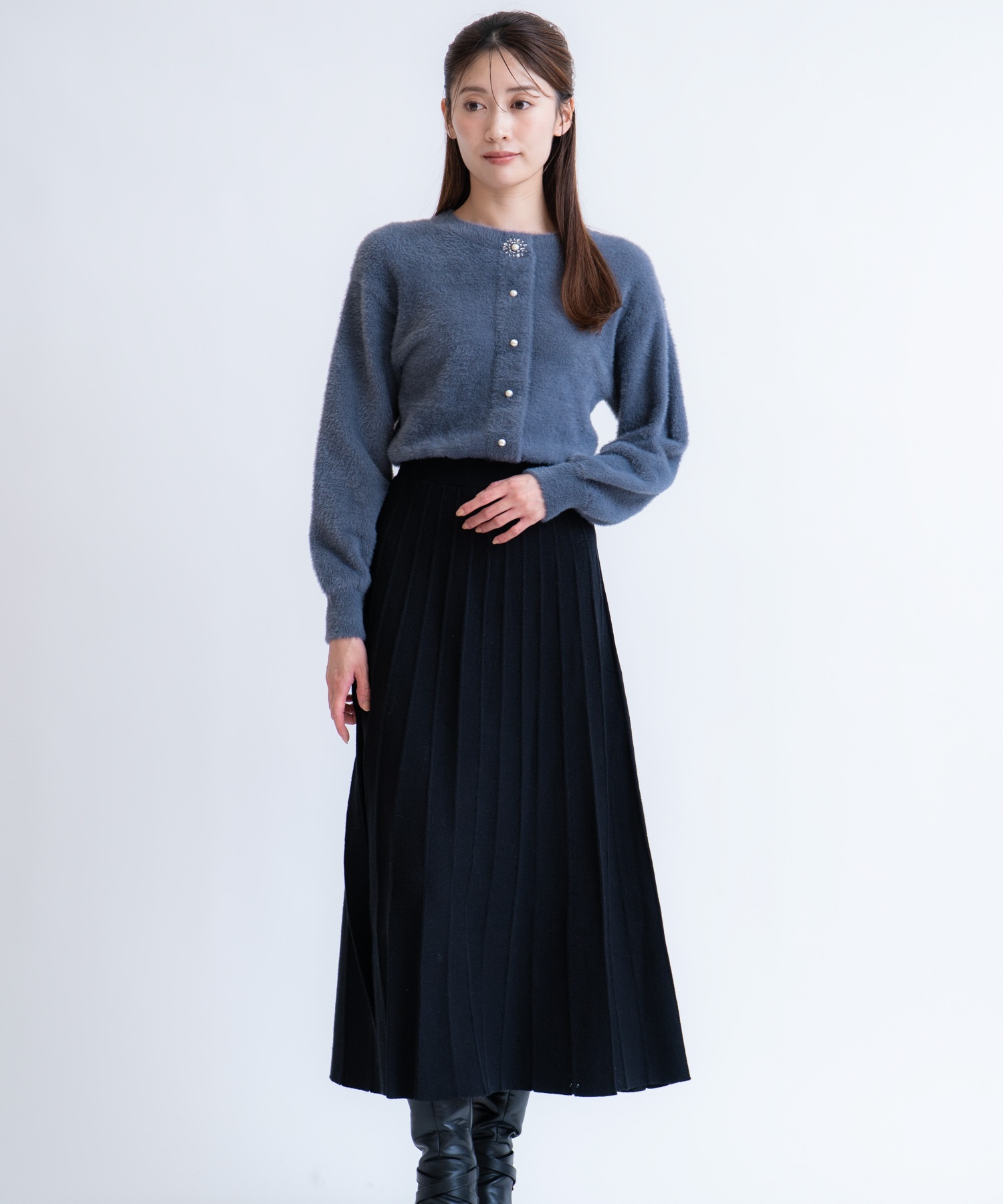 ドッキングプリーツニットワンピース(10チャコールグレー-フリー)