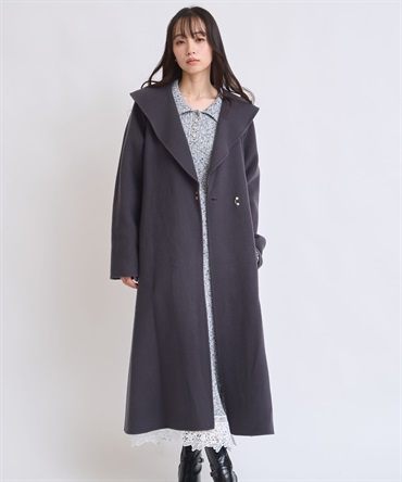 ベルト付きショールカラーウールリバーコート(10チャコールグレー-フリー)
