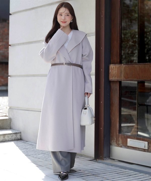 ベルト付きショールカラーウールリバーコート