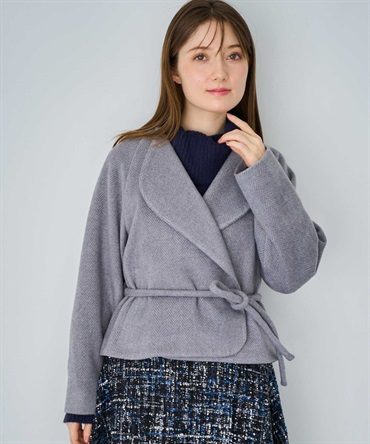 ロープベルトヘリンボーンショートコート(11グレー-Ｓ)