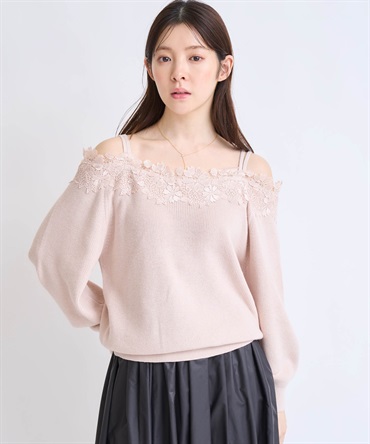 オフショルレーストリムニット(32ピンク-フリー)