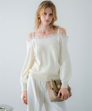 オフショルレーストリムニット