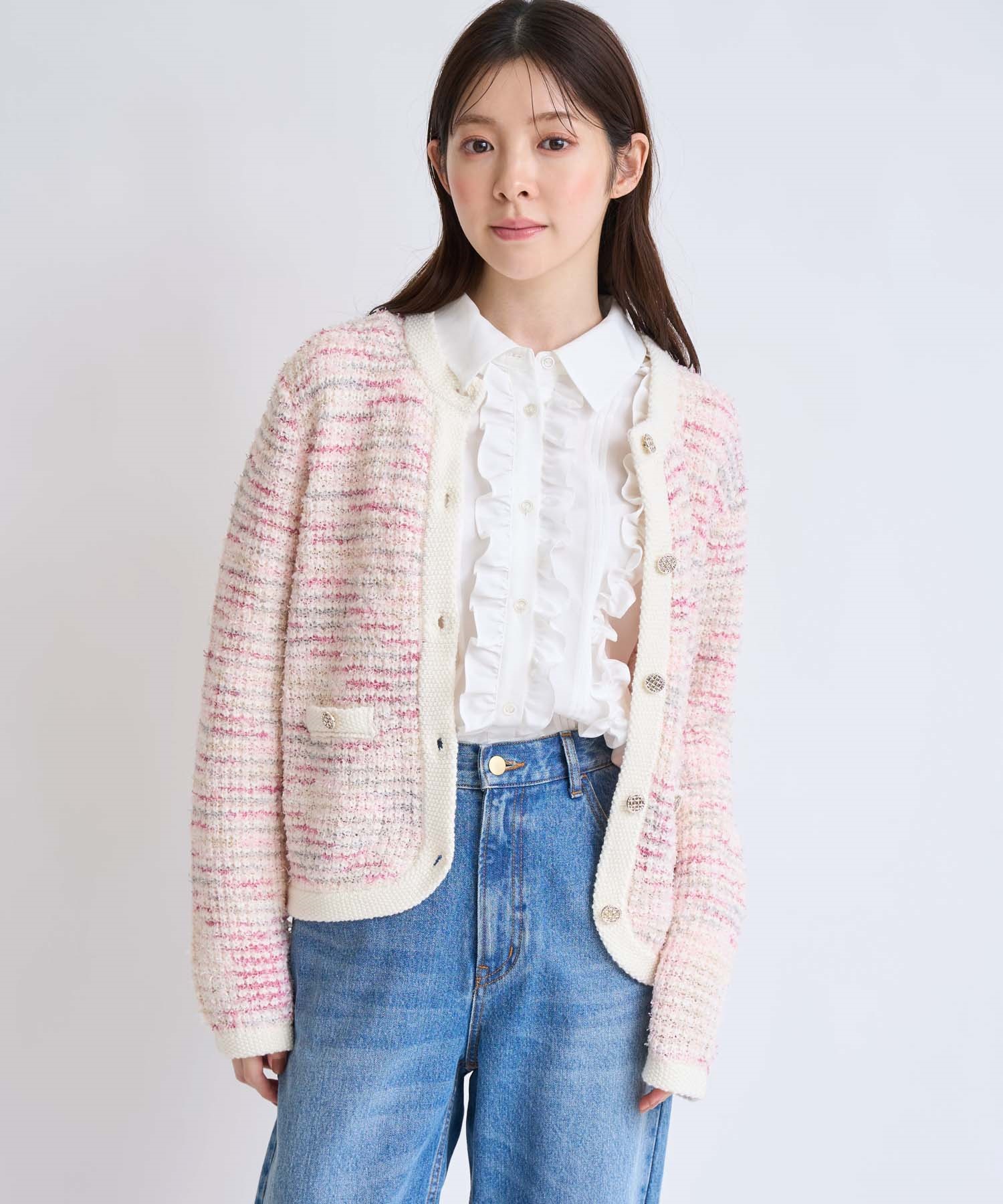 ツイードニットカーディガン(32ピンク-フリー)