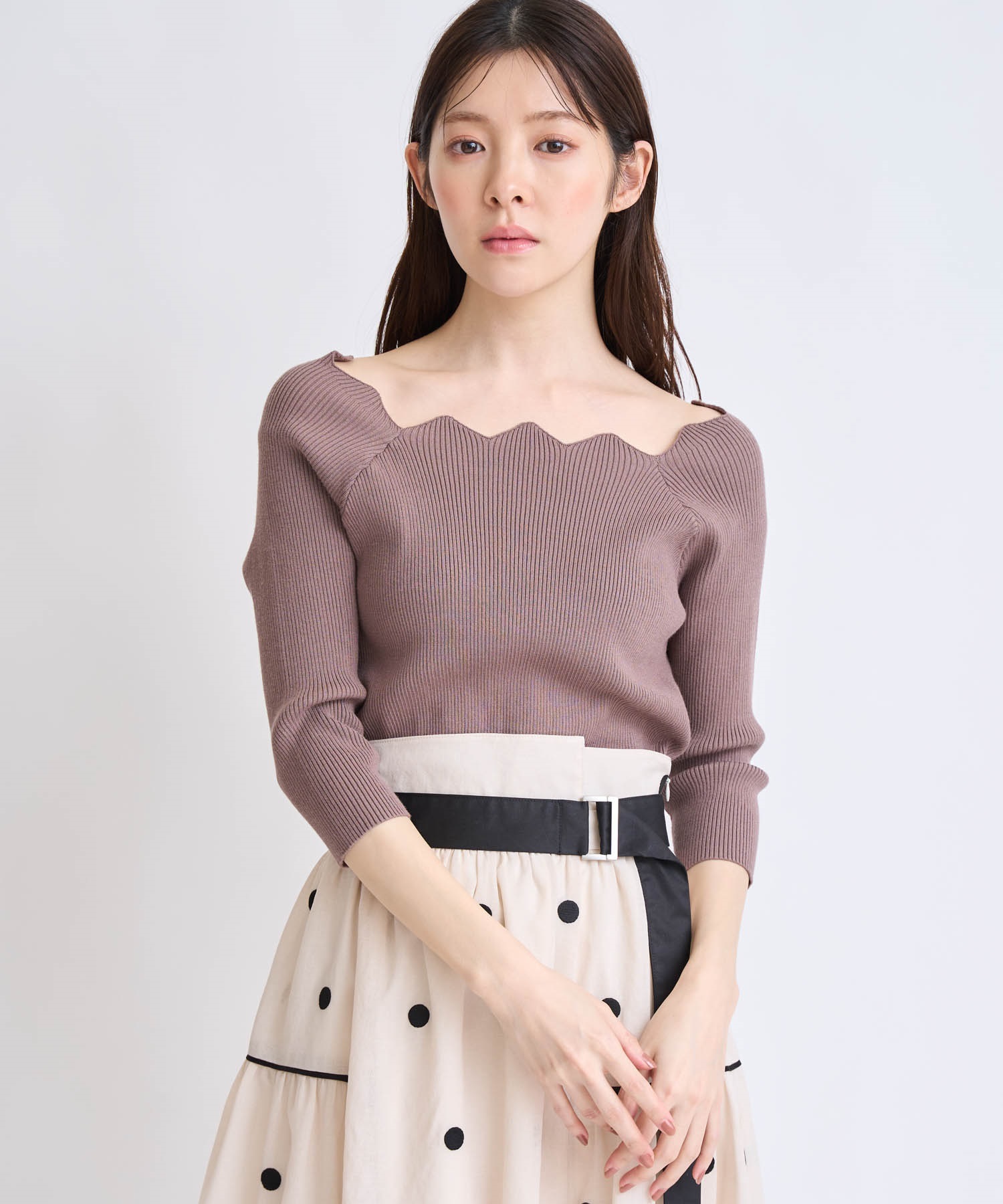 スカラネックデザインニット(85モカ-フリー)