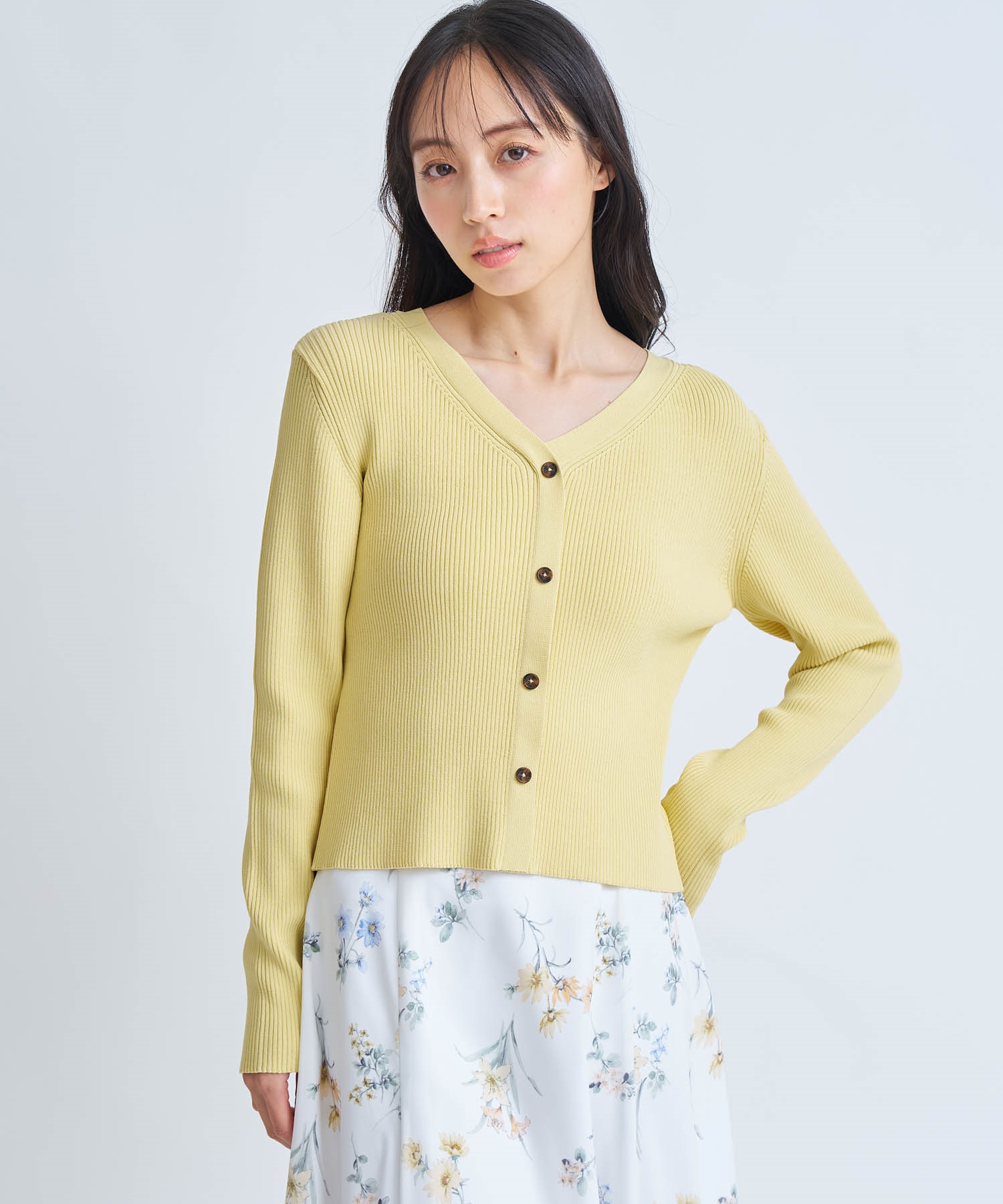 Ｖネックボタンリブニット(51イエロー-フリー)